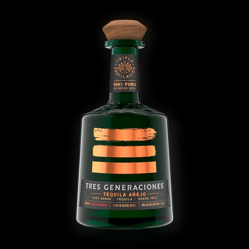 Tres Generaciones Añejo — Aged for twelve months in American white oak barrels, displays an elegant amber hue and a complex aromatic profile of caramel, brown sugar, vanilla, cooked agave, and toasted oak. Its signature triple distillation delivers exceptional smoothness and a long, warm, refined finish.