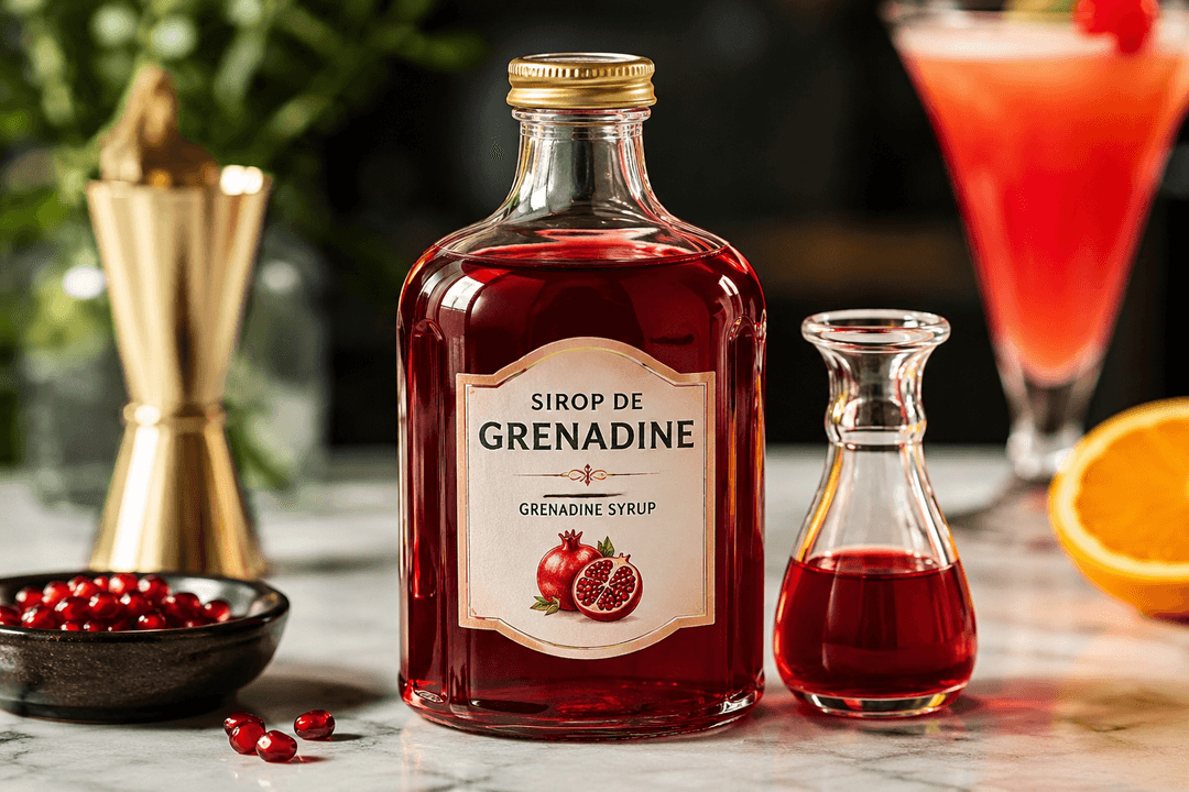 Grenadine Syrup — Staple ingredient in mixology. Known for its vibrant red color and sweet, fruity flavor, it is used in many classic cocktails and mocktails.